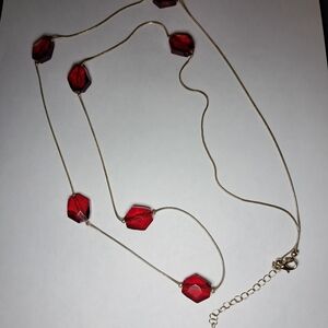 Long Station Goldtone Necklace w/ Red Faceted Beads. Great For Layering.